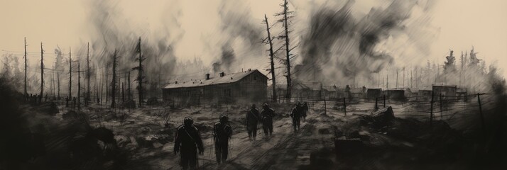 Fototapeta premium World War II prisoner of war POW camp scene illustration.