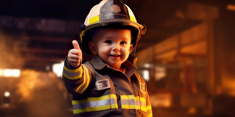 little firefighter wearing a hard hat and putting out an imaginary fire. Generative AI - obrazy, fototapety, plakaty