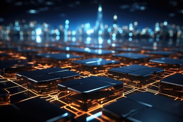 Abstract high-tech sci-fi background with glowing city lights