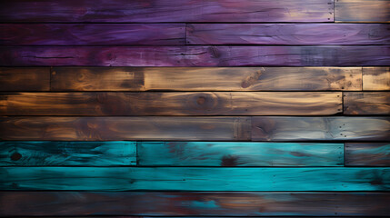 Horizontal Old Distressed Wood Slat Background Wallpaper for Product Placement Advertisement. Painted Stained Weathered Sea Ocean Boards. Purple, Blue. 16:9 Aspect Ratio.
