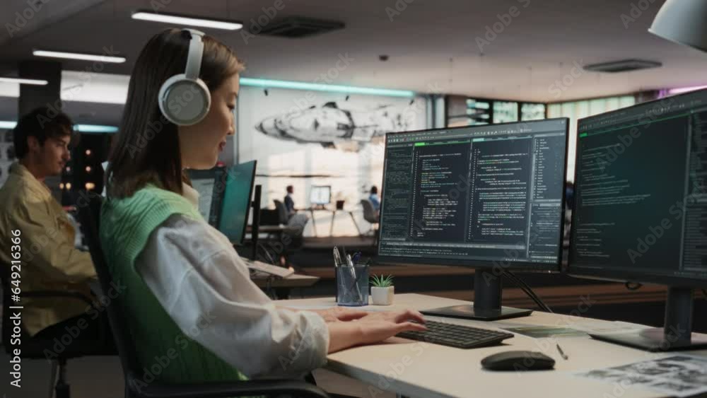 Fototapete Female Asian Game Programmer Coding On Desktop Computer In Game Design Studio Diverse Office. Focused Woman Writes Lines Of Code. Gameplay Engineer of New Immersive 3D Survival Video Game Working