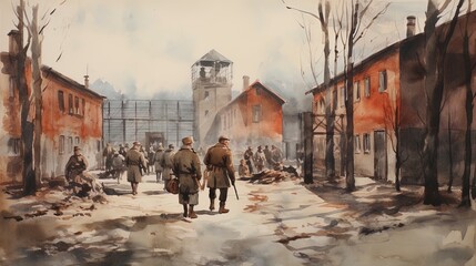 World War II prisoner of war POW camp scene illustration. - obrazy, fototapety, plakaty