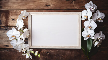 White orchid and photo frame on background