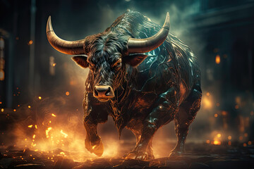 Bull stock market trading investment. Finance and economy concept. Generative AI	 - obrazy, fototapety, plakaty