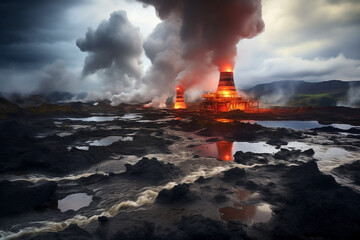 Geothermal power plant. Concept of energy generation from natural resources.