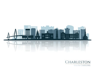 Charleston skyline silhouette with reflection. Landscape Charleston, South Carolina. Vector illustration.