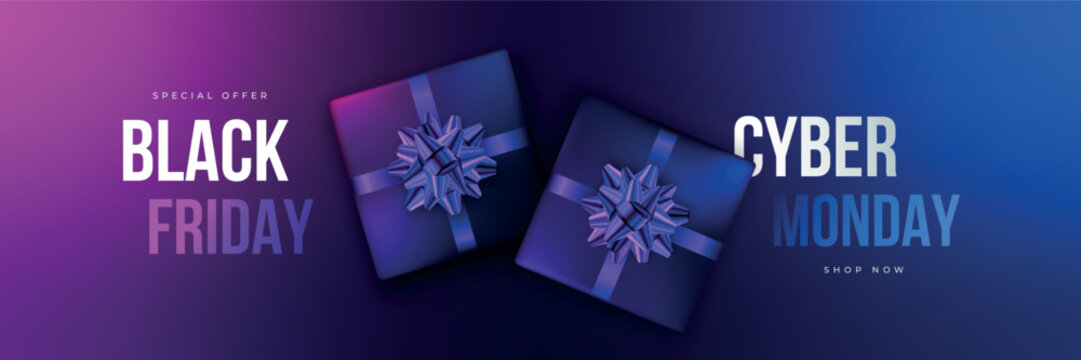 Black Friday and Cyber monday Sale banner. Gift boxes with realistic foil bow on colorful background. Advertisement banner for seasonal discounts.