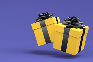 Gift boxes with ribbon and bow for Merry Christmas flying and falling on violet