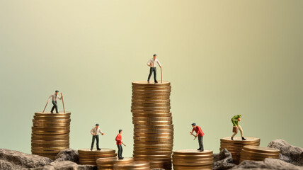 Miniature people. Climbers are climbing coins. Success business concept. business concept....