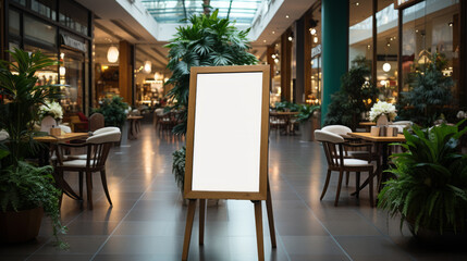 Fototapeta na wymiar Small White board with wood frame in the middle of a Shopping mall interior street with vegetation parts and some empty tables - AI generated