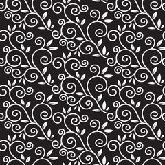 Seamless floral pattern with swirling designs and leaves set against a black background.