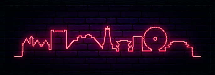 Obraz premium Red neon skyline of Okinawa. Bright Okinawa long banner. Vector illustration.