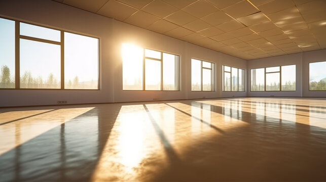 Huge and Empty Room with wooden floor and many wide Windows with nature view and Golden sunlight  - AI generated