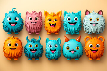 Charming series of Halloween monsters in flat design, arrayed as a frieze against a solid plain background. Perfect for festive designs. - obrazy, fototapety, plakaty
