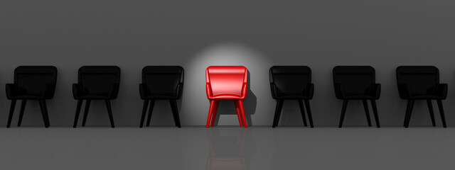 Recruitment concept with selected red chair - obrazy, fototapety, plakaty