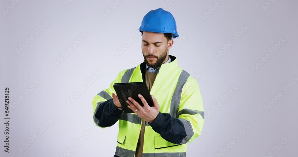 Poster Construction worker, thinking and man engineer with tablet planning project isolated in a studio white background. Ideas, professional and architecture employee with internet, software or online app