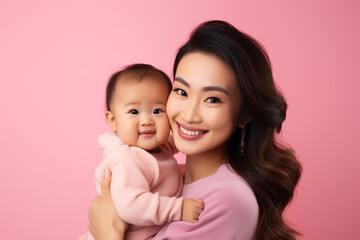Studio portrait of beautiful woman mother holding her baby smiling on different colours background - obrazy, fototapety, plakaty