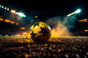 soccer ball in illuminated football stadium at night
