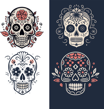 Day of the dead icon black and white. Dia de los muertos skulls icon ultradetailed. Different styles and minimalistic drawing. Image from mexican latinos traditional festivity Mask mexican logo vector