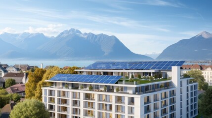 A sustainable building with solar panels on the roof, promoting renewable energy and environmental consciousness