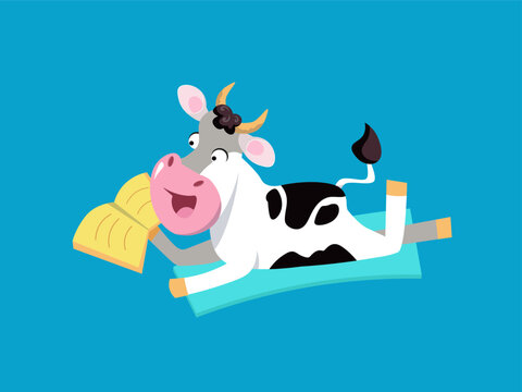 Cute funny cow lie read book. Vector illustration, cartoon animal character. Isolated icon for design.