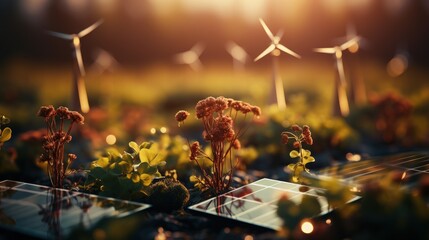 A picturesque field of colorful flowers with mini solar panels and windmills in the distance. Renewable energy concept - obrazy, fototapety, plakaty