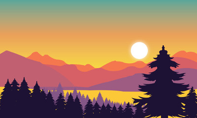 A beautiful sunrise vector art illustration with a mountain, forest, and beautiful sky