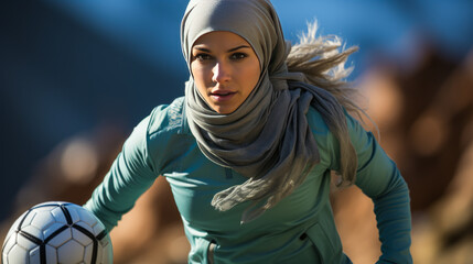 Inspirational Saudi female soccer player in hijab and sports gear, skillfully dribbling the ball on field promoting empowerment and breaking cultures barriers.
