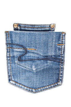 Blue double pocket of jeans on the white background isolated close up