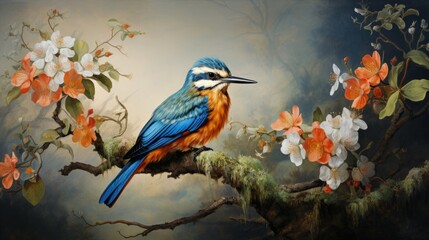 A blue and orange bird is perched on a branch