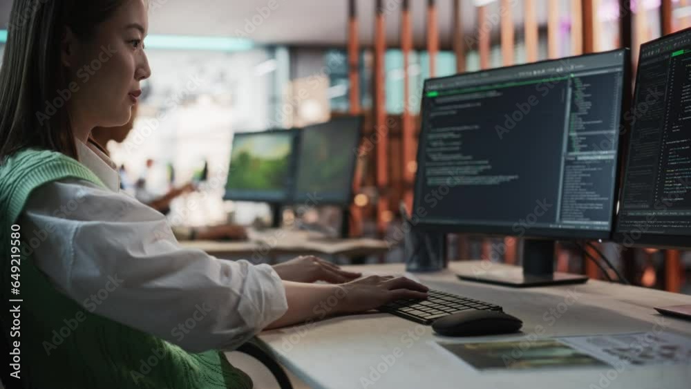 Aufkleber Female Asian Game Programmer Coding On Desktop Computer In Game Development Studio Diverse Office. Focused Woman Writes Lines Of Code, Does AI Engineering For New Immersive 3D RPG Video Game.
