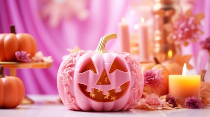 Cute halloween pink pumpkin with spooky festive background. Trick or treat decoration concept. Generative AI