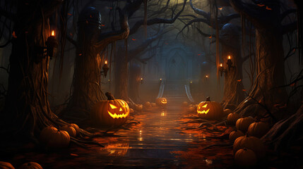 Moonlit path in the forest with pumpkins on the sides, mist over ground. Halloween concept. Generative AI - obrazy, fototapety, plakaty