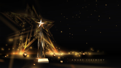Trophy gold star on podium with ribbon elements and glitter light effects decorations and bokeh. Luxury black award ceremony background. Vector illustration.
