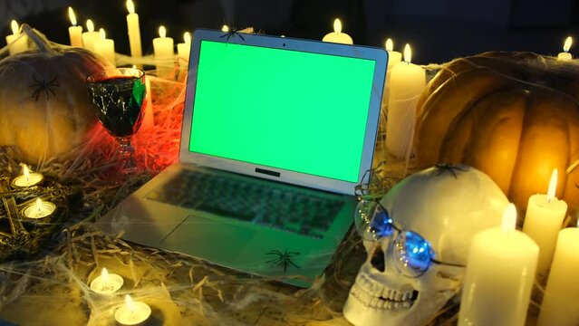 Spooky holiday background laptop with chroma key, glass red wine and many candles among traditional pumpkins next skull in cobweb and dead grass, Halloween time. Creepy posts on social networks.
