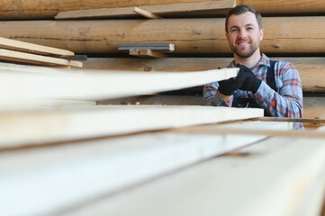 Builder holds wooden planks. Concept - sale of lumber. Builder is considering wood planks. Concept...