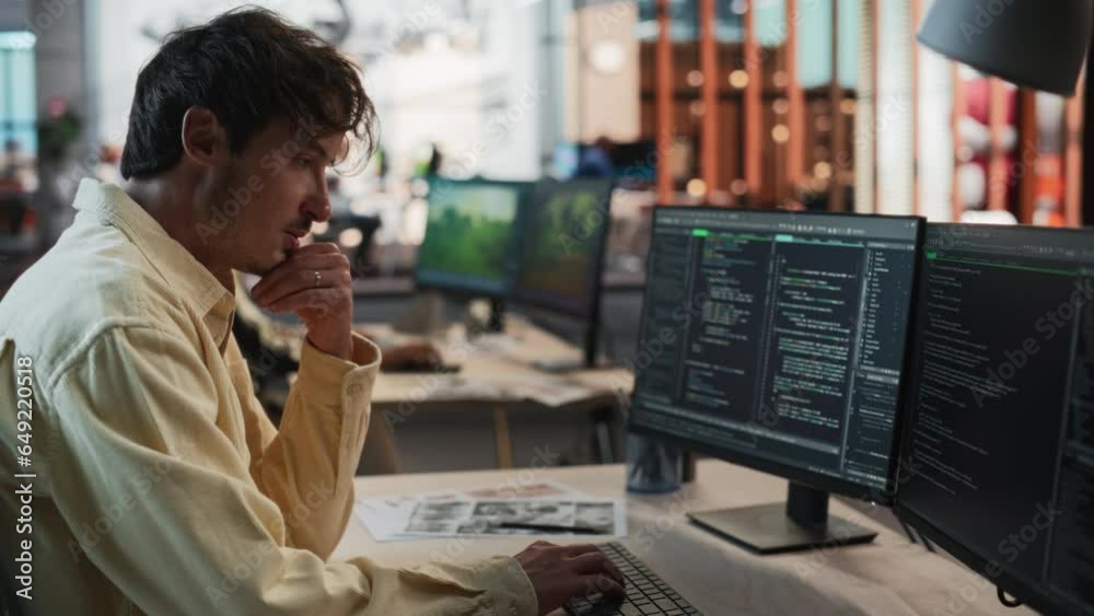 Fototapete Male Caucasian Game Programmer Coding On Desktop Computer In Game Design Studio Diverse Office. Focused Man Writes Lines Of Code, Does Gameplay Engineering For New Immersive 3D Survival Video Game.