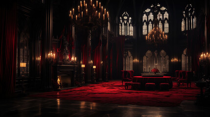 Vampire Dracula castle interior, victorian red furnitures. Halloween concept. Generative AI - obrazy, fototapety, plakaty