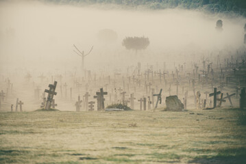 Haze in morning over Sad Hill Cemetery in Burgos, Spain