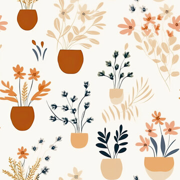 Plant patterns illustration in henry matisse style with earthy tones. Fashionable Hand painted flowers and leaves AI Generated