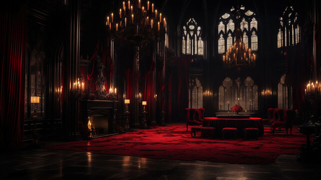 Vampire Dracula castle interior, victorian red furnitures. Halloween concept. Generative AI