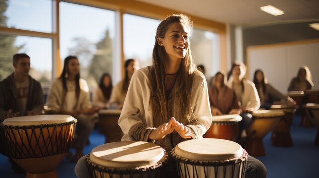 Young music teacher is teaching hand drumming techniques In a spacious music classroom.