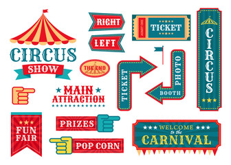 Circus event labels. Carnival magic show elements, retro festival templates vector illustration set, vintage fair frames and circus signs - obrazy, fototapety, plakaty