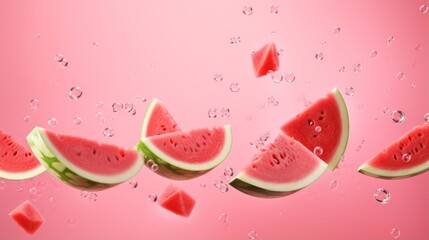 Watermelon in a splash of water. Few raw juicy fruit.Ripe watermelon cut into pieces flying in the air, with splash of water