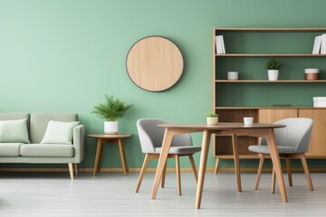 living room interior, Mint color chairs at round wooden dining table