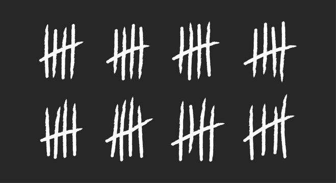 Hand drawn lines or sticks and brush strokes sorted by four and crossed out, prison counting lines, slash scratches on the wall, jail grunge outline numbers flat vector illustration.