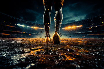 back view of soccer playerlegs walking towards goal in football stadium at night