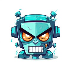 Angry blue robot isolated on white background. Generative AI