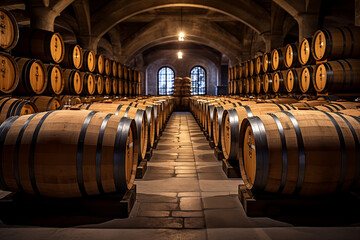 Wine barrels in wine vaults, Wine or whiskey barrels, French wooden barrels.ai generative