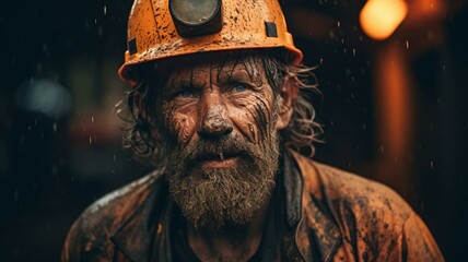 Portrait of a miner in hard hat - obrazy, fototapety, plakaty